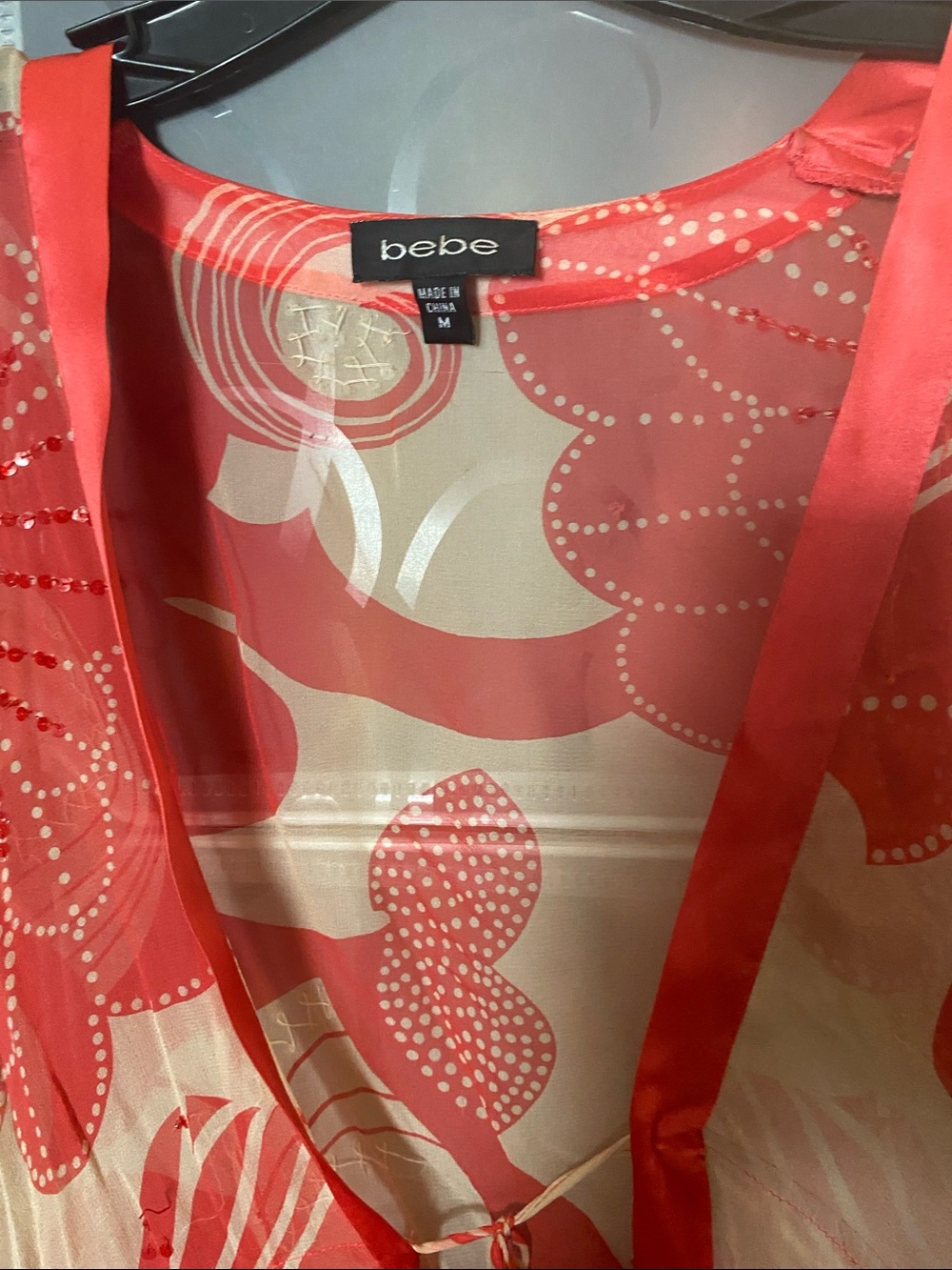 bebe Coral and Cream Floral Sheer Open Kimono